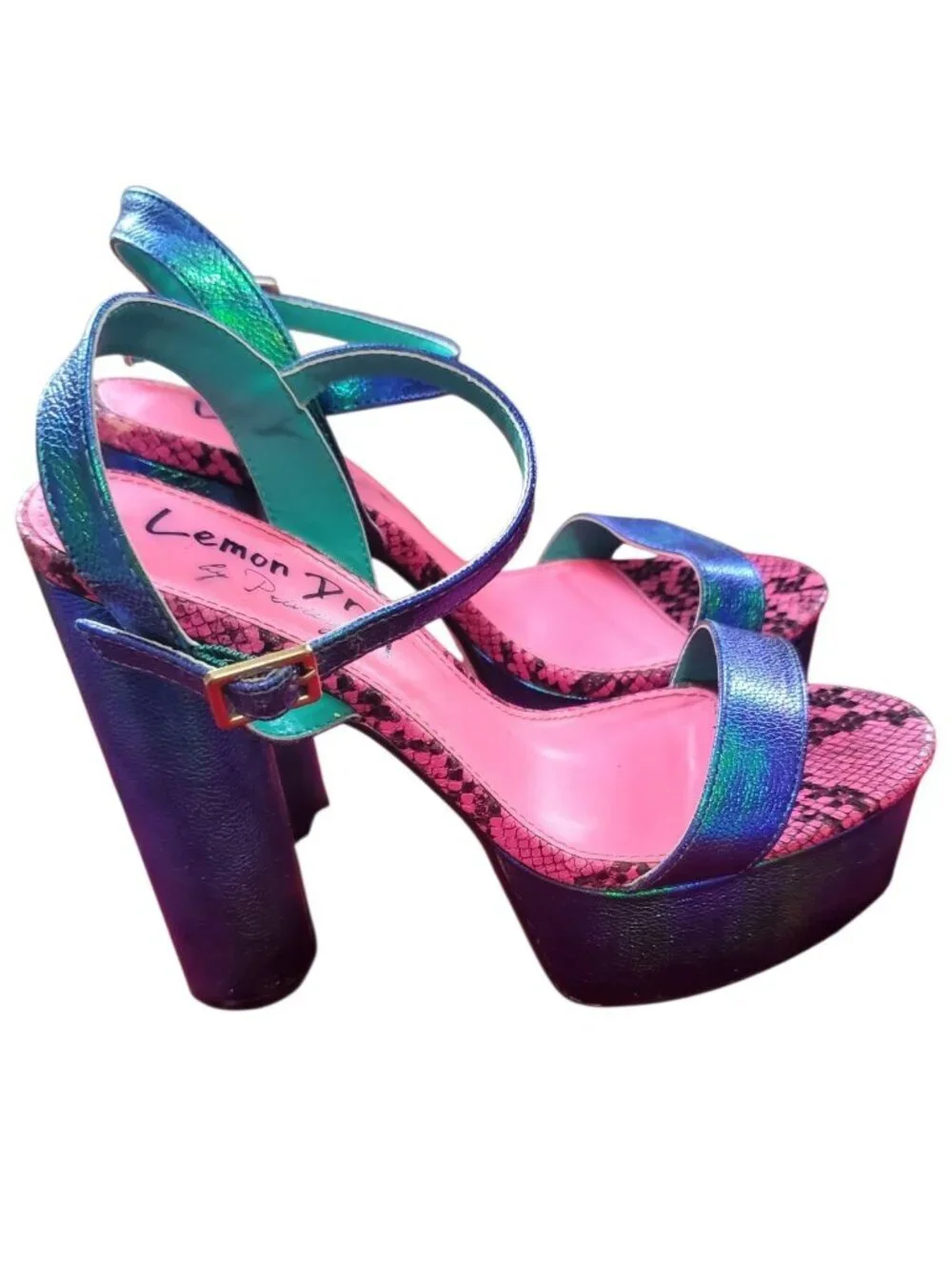 Lemon drop Holographic Platform Heels W/Snake Print Tim Multicolor Size 10